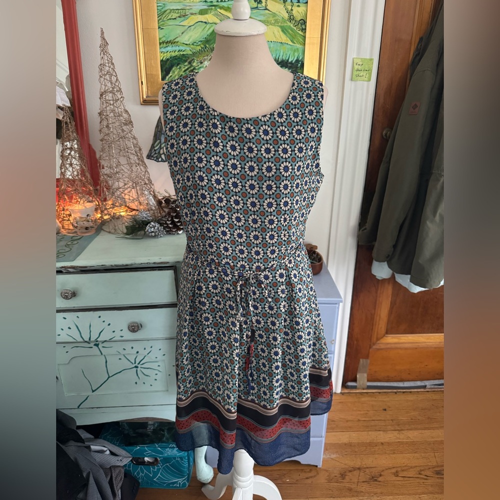 SM WARDROBE Patterned Sleeveless Dress Multicolor M/L Blue Green Lined Sash VGUC